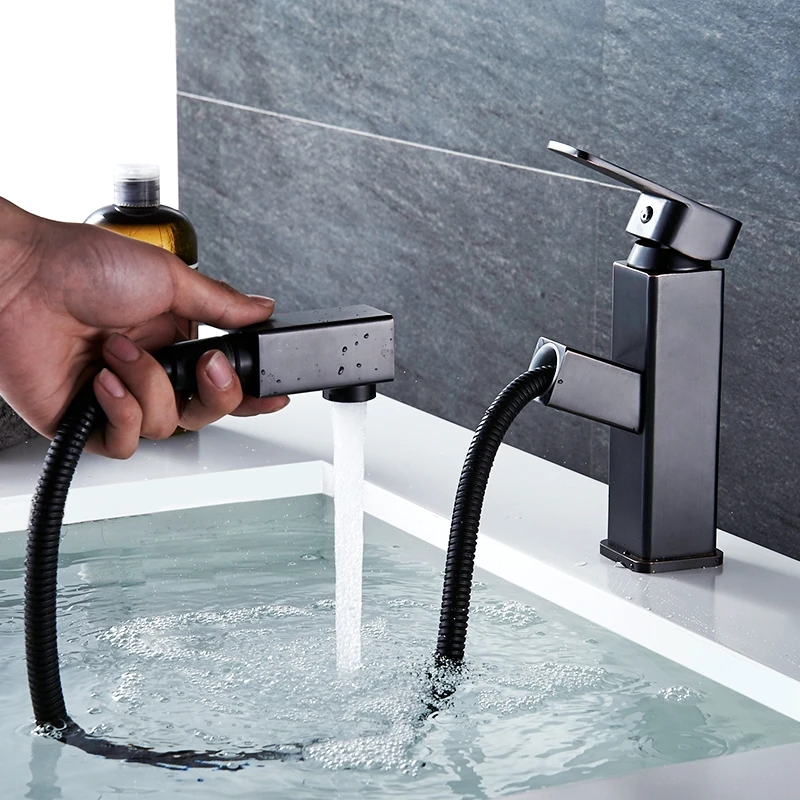  Basin Faucets Bathroom Sink Tap Single Handle Sink Faucet Pull Out Rotating Hot and Cold Water Brass Wash Basin Mixer Tap 