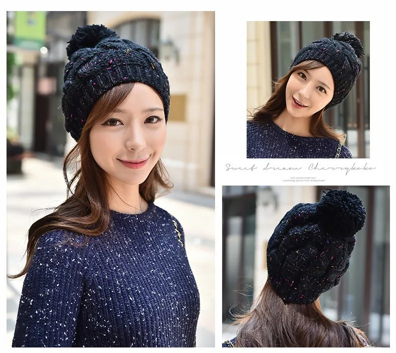 2015 New Autumn and Winter Thick Warm Solid Knit Women Hat Female Cap with lint (6)