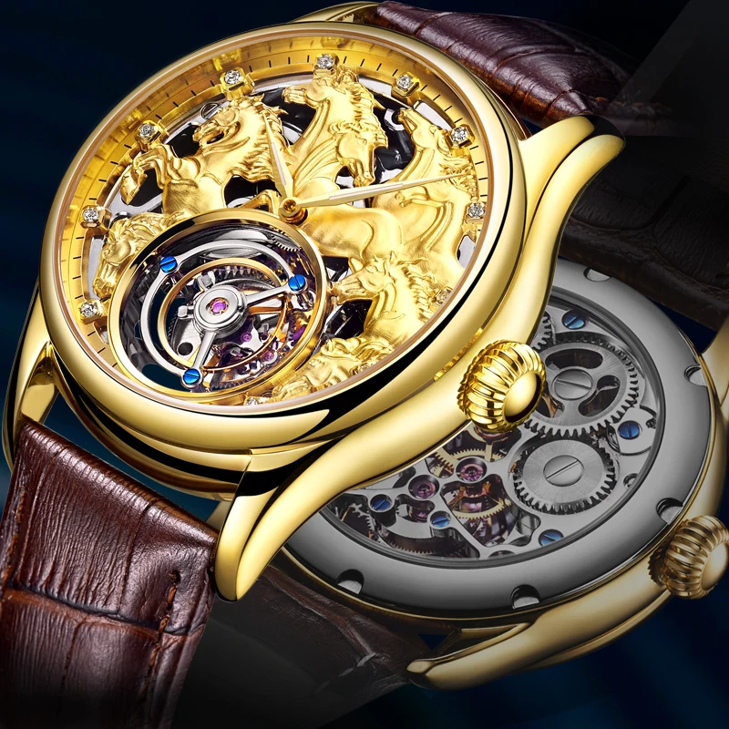 Топ бренд для мужчин Tourbillon механические часы Зодиак лошадь Скелет 24 К золото кожа для мужчин s Чайка Tourbillon часы Поддержка на заказ