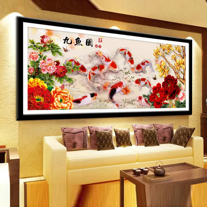 Diy Diamond Painting Cross Stitch Nine Fish Pattern Diamond Embroidery Peony Series Rubik