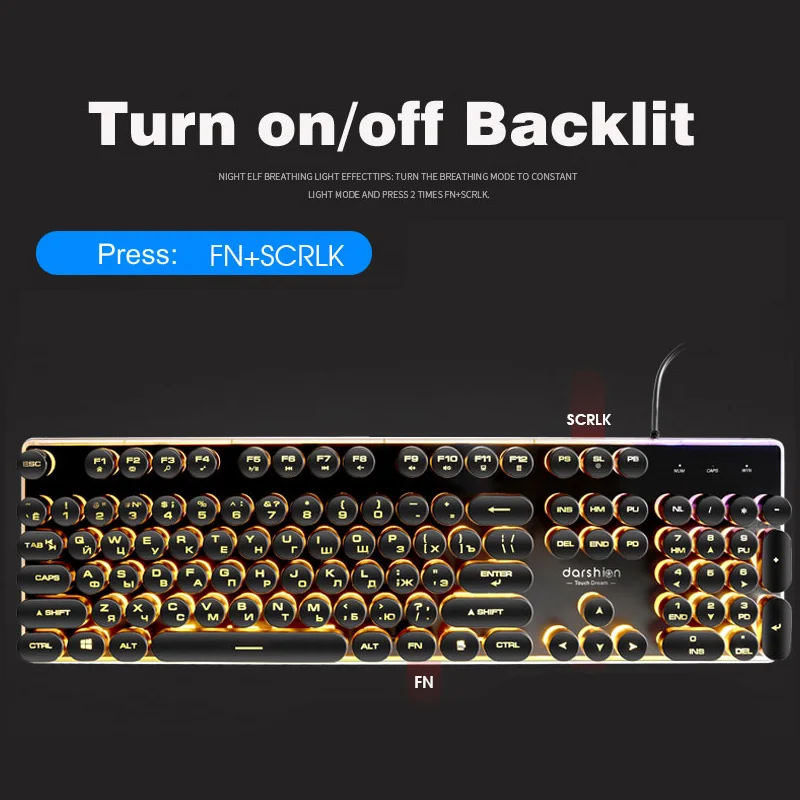 Beste Gaming Russische Toetsenbord Retro Ronde Glowing Keycap Metalen Paneel Backlit USB Wired Metal Panel Verlichte Grens Waterdicht