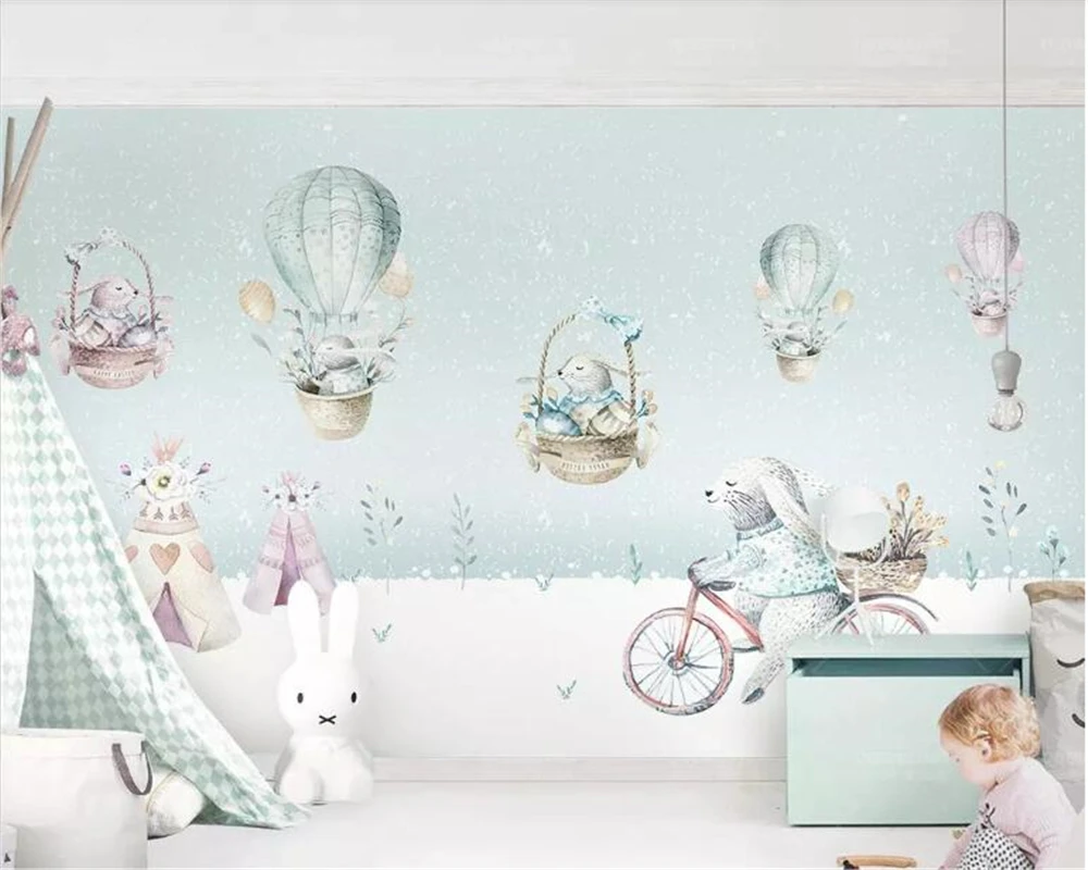 

Beibehang Custom 3d wallpaper mural Cycling bunny animal hot air balloon Nordic children's room wall wallpapers for living room