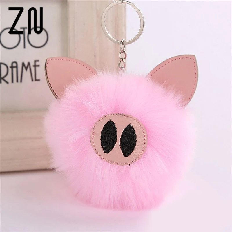 

ZN New Handbag Embroidered Key Buckle Faux Rabbit Fur Piglets Keychain Key Ring