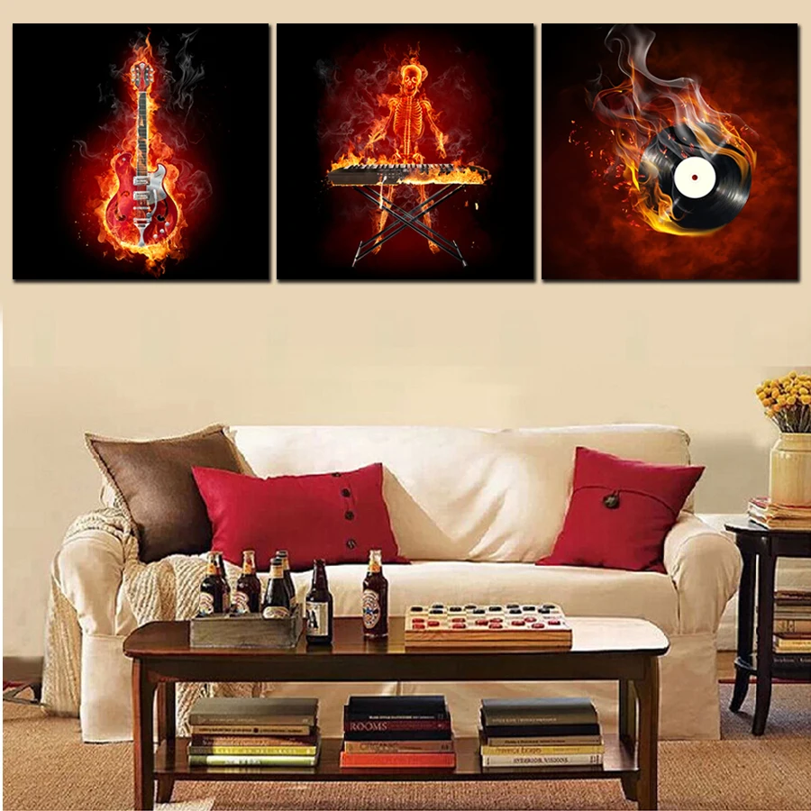 

Unframed 3 Piece Canvas Wall Art Guitar Pictures Modern Abstract Fire Player Canvas Painting Home Decorative Paint On Wall Decor