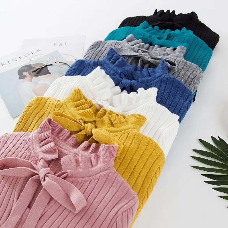 Elegant Ruffle Women Sweaters and Pullovers Office Lady Flare Sleeve Lace Up Turtleneck Knit Tops 2019 Fall Jersey Basic Jumper