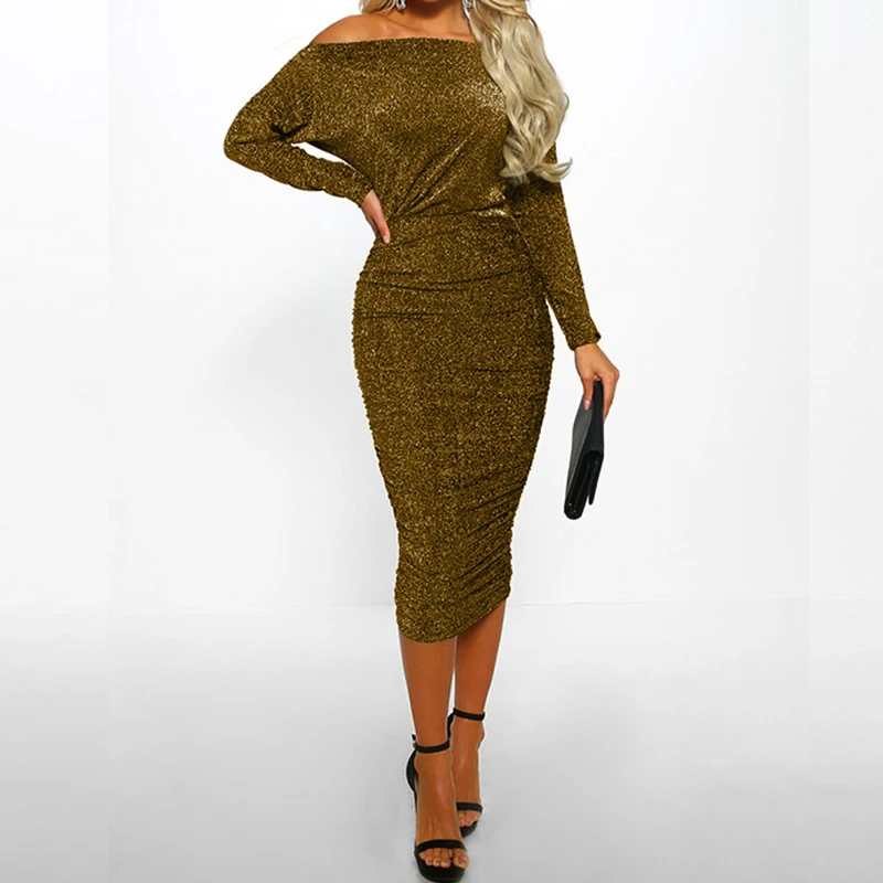 

Sexy Sparkly Dress Woman Slash Neck Off Shoulder Glitter Party Dresses Draped Elegant Bodycon Pencil Dress Female Clubwear