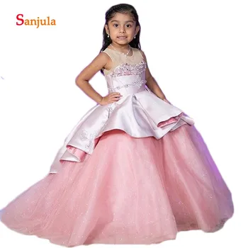 

Pink Satin Puffy Ball Gonw Flower Girls Dresses 2019 Sheer Top Beaded Appliques Charming Girls Pageant Party Dresses D218