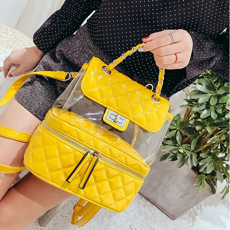 

2018 Famous Brand Design Summer Candy Color PVC Transparent Casual Backpacks Diamond Lattice Women Clear Daily Girls School Bag