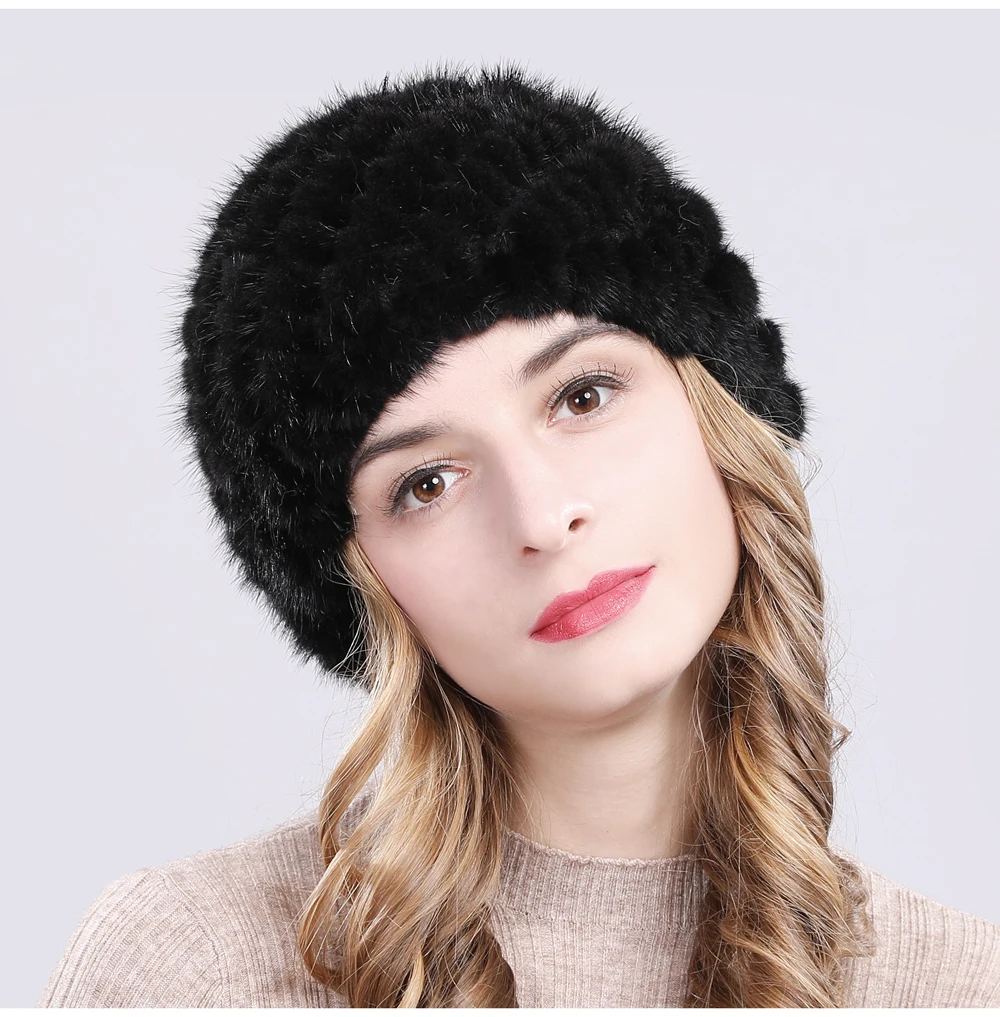 Hot Sale Winter Real Mink Fur Hat Women Good Elastic Knit Real Natural Mink Fur Beanies Hats Lady Real Mink Fur Thick Warm Cap