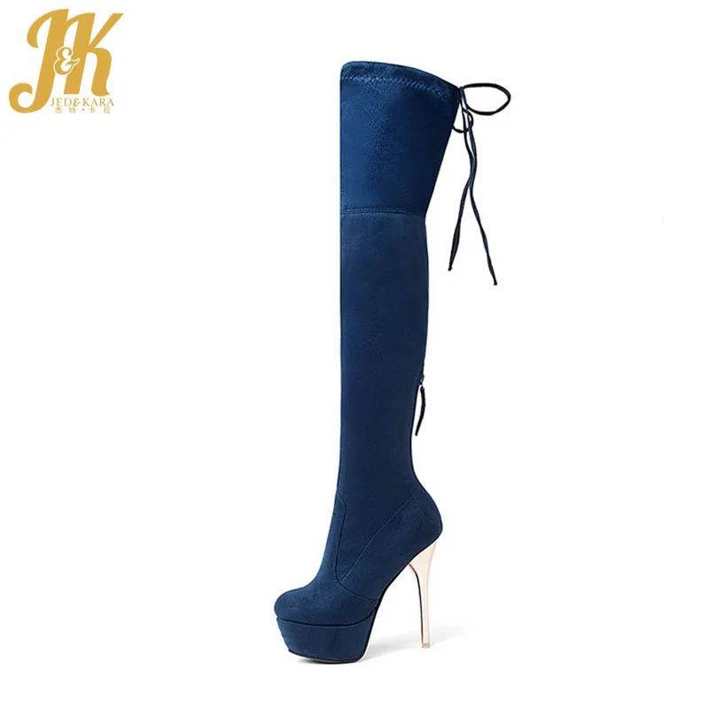 

JK 2018 Latest Woman Over the Knee Boot Flock Stretch Long Boot Zipper Stiletto Platform Shoes Lady High Heels Big Size 43