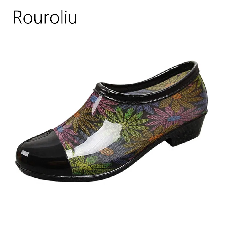 

Rouroliu New Arrivals Women Fashion Flat Heels Ankle Rain Boots Patchwork Floral PVC Rainboots Waterproof Woman Water Shoes ZJ57