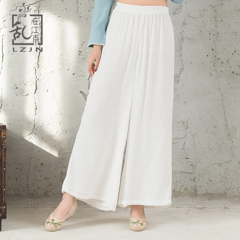 

LZJN White Wide Leg Pants for Women 2019 Summer Long Trousers Elastic Waist Cotton Linen Light Green Pants Loose Thin Bottoms