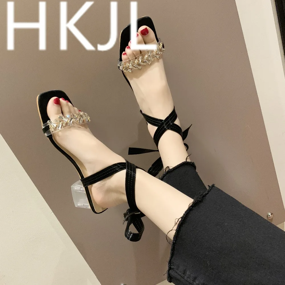 

HKJL 2019 summer new rhinestone cross strap open toe joker with chunky bow Korean version high-heeled women A440