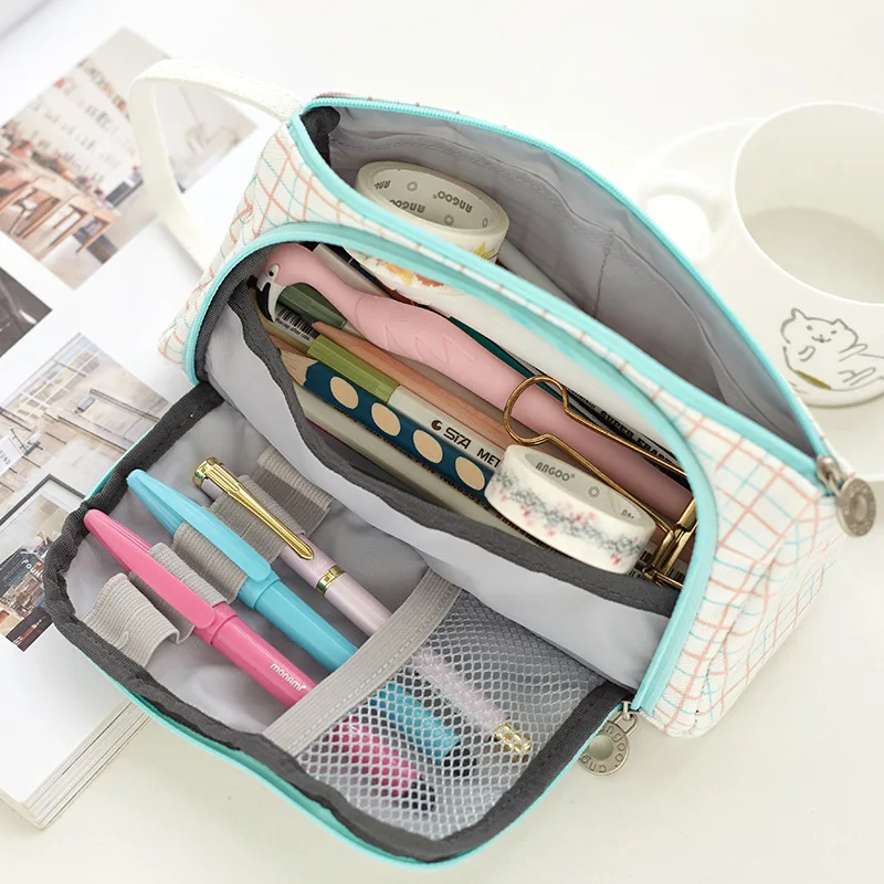 Large Capacity Kawaii Canvas Pencil Case Student School Lattice Makeup Holder Side Open Pen Bag Pouch School Supplies Stationery