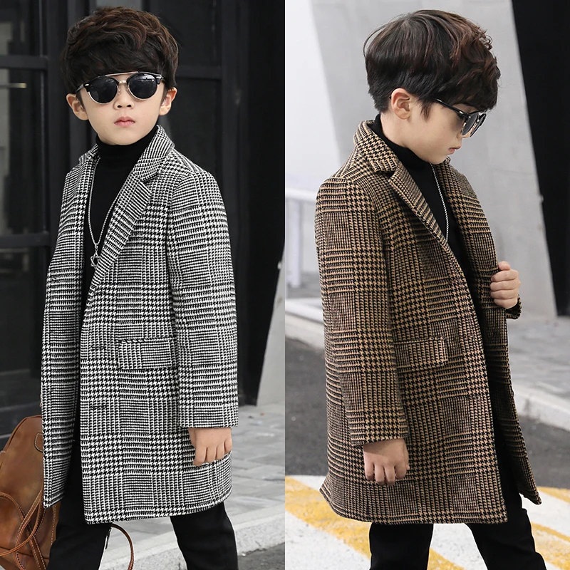 

Boys wool coat fashion single-breasted plaid small suit in the long section children's coat casual boy woolen coat new winter