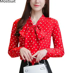 Горошек печати шифон блузки Для женщин Демисезонный бабочкой рубашка с длинными рукавами Топы офисные Элегантные корейские женские Blusas