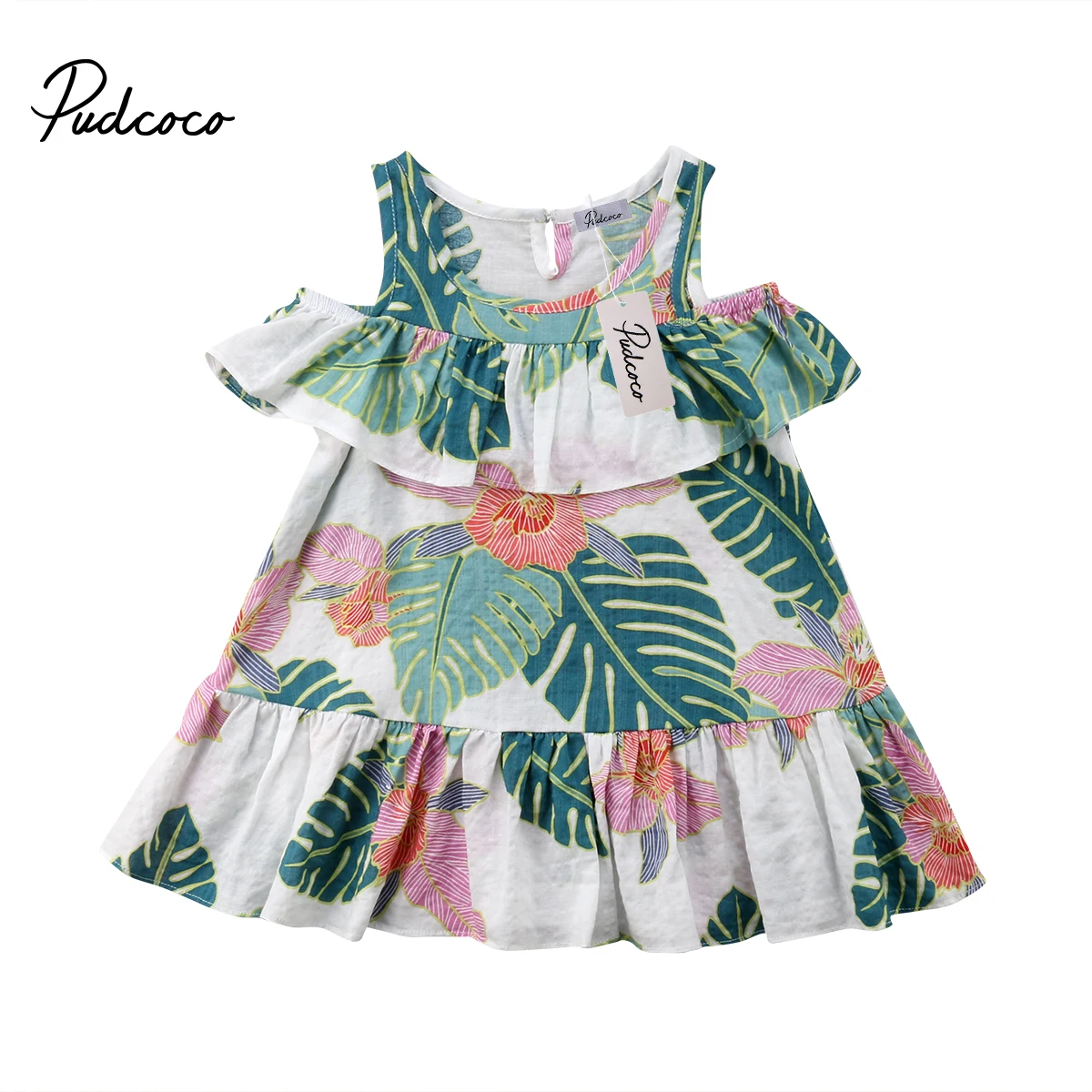 Pudcoco/Детское платье принцессы с открытыми плечами и принтом листьев для маленьких девочек 1-6 лет, Helen115 - Цвет: Зеленый