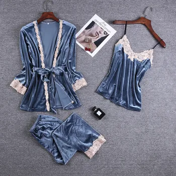 

Gray Lady 3PC Strap Top Pants Suit Pajamas Sleepwear Sets Womens Spring velvet Home Wear Nightwear Kimono Robe Bath Gown Bathrob