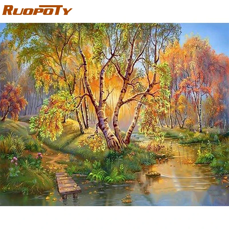 

RUOPOTY frame autumn river diy painting by numbers landscape acrylic paint by number for home decor wall art picture unique gift