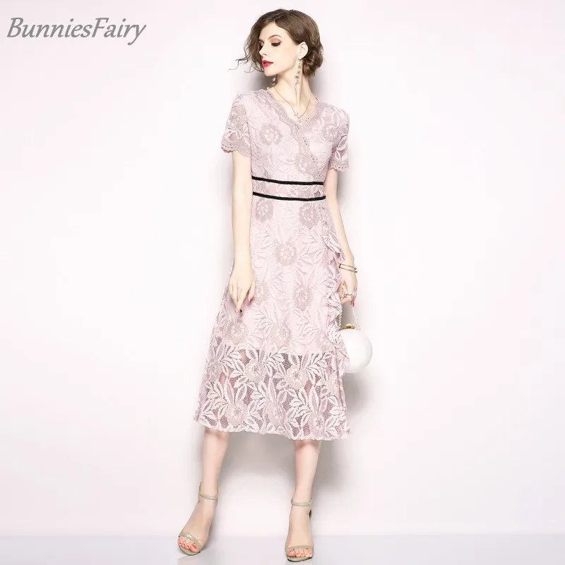 

2018 Summer New Arrival Lace Floral Pattern Short And Butterfly Sleeve V-Neck Mid-Calf Sweet And Elegant Party Style Dress