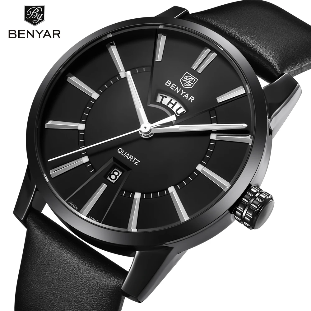 BENYAR Для мужчин s часы лучший бренд Роскошные модные часы Для мужчин двойной календарь Кожа Кварц-часы Водонепроницаемый мужской часы Relogio