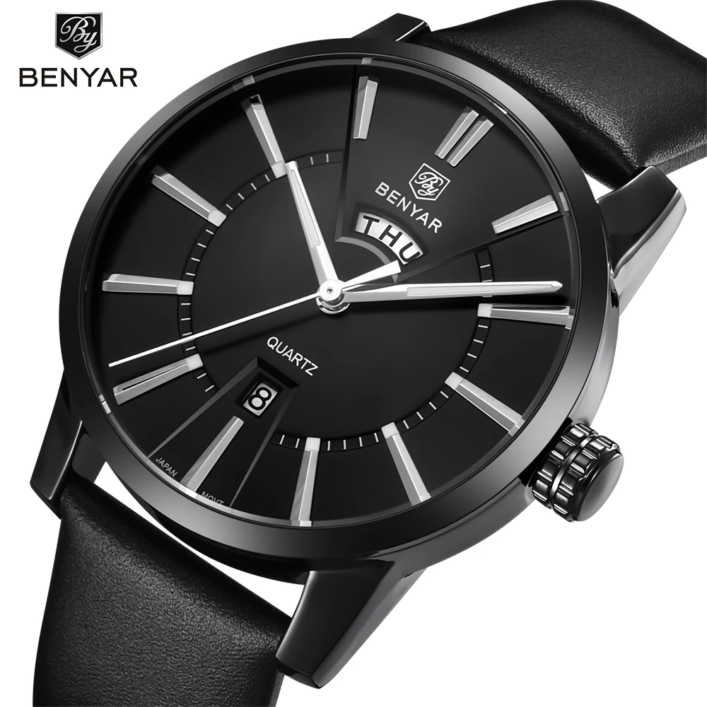 

BENYAR Mens Watches Top Brand Luxury Fashion Watch Men Double calendar Leather Quartz-watch Waterproof Male Clock Relogio