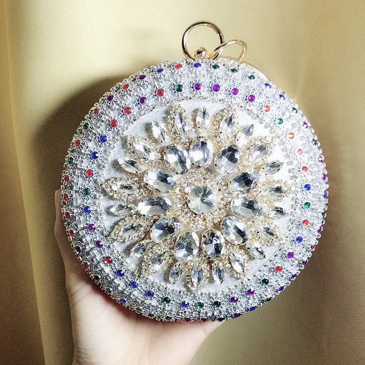 Front View of the Silver Luxy Moon Round Rhinestone Evening Bag