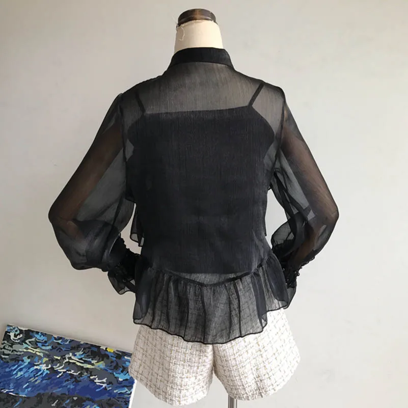 NiceMix 2019 new fashion women's blouse shirt Pearl single-breasted layered ruffled lanterns sleeves elegant court shirt women - 33006550330