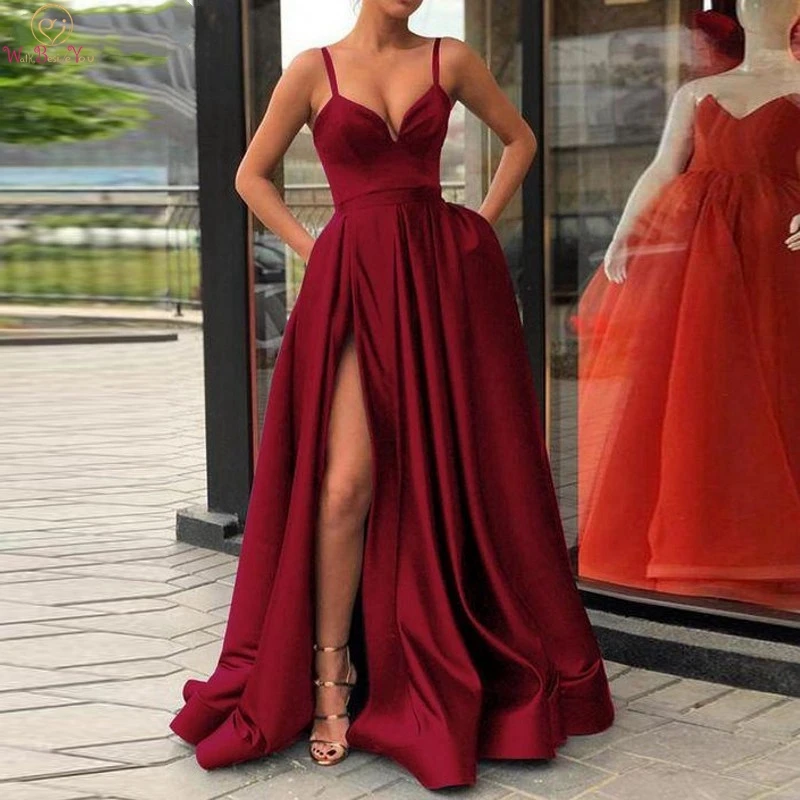 

2019 Wine Red Evening Dresses Elegant Deep V Neck Split A Line Spaghetti Straps Sweep Train Formal Party Long Prom Gowns