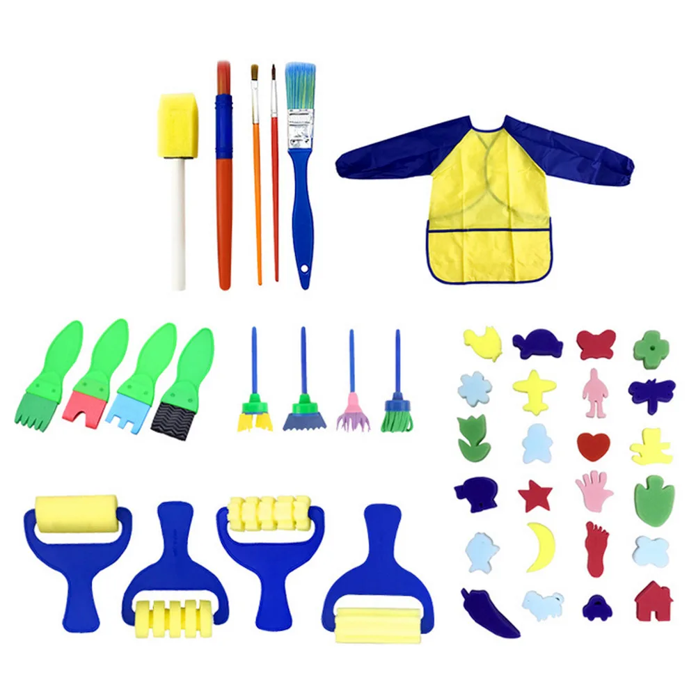 

42pcs Kids Mini Painting Foam Sponge Brush Apron Smock Animal Drawing Stamps Stencils Templates Tool Toy Edication Learning Toy