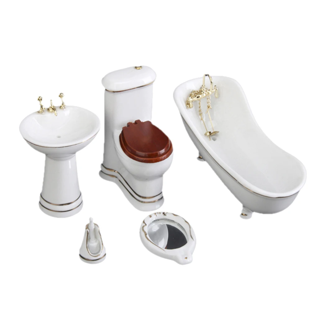 5 PCS White Closestool Bathtub Wash Basin Ceramic Bathroom Pretend Play Toy for 1/12 Miniature Dollhouse 