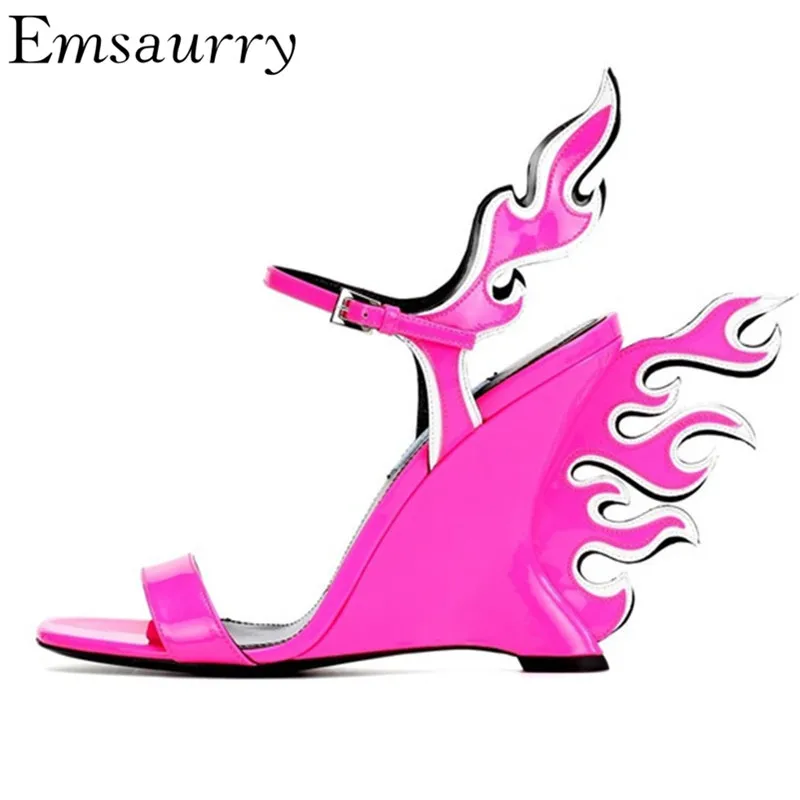 

New Design Flame-pattern Gladiator Sandals Women Anke-Strap Fire-shaped Wedges Fashion Catwalk Summer Sandalias Mujer