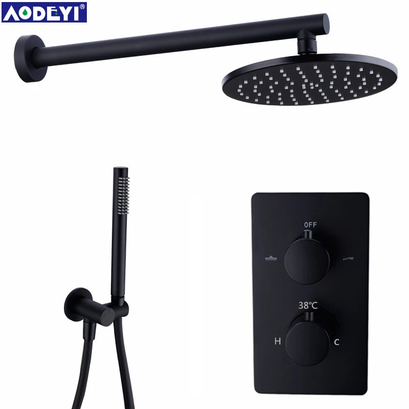 Online Messing Thermostat Armaturen Schwarz Dusche Set 8 10 12 Zoll Badezimmer niederschlag Dusche Wasserhahn Set Mit Hand Dusche kopf