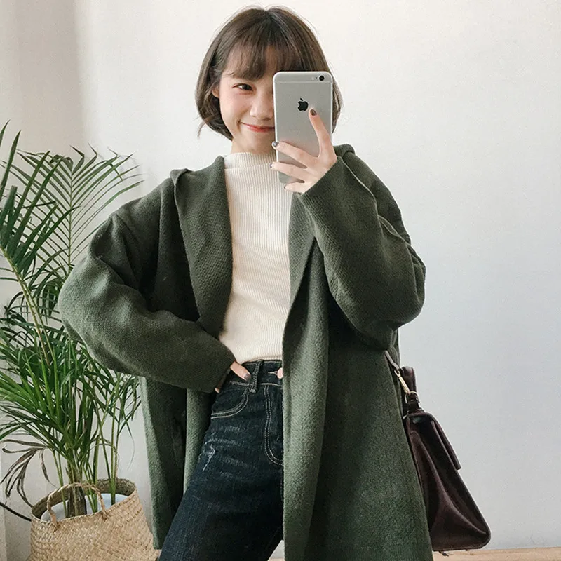 

3 colors 2018 spring solid color thicking cardigans womens with hat long sleeve sweaters with pocket warm coat (B0891)