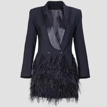 Celebrity Runway black Feathers Notched Jacket OR Blazer DRESS 1