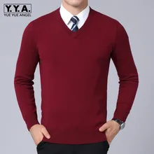 Бизнес v-образным вырезом свитер Для мужчин зимние Повседневное теплый шерстяной свитер Высокое качество Мягкий Тонкий Твердые Топы Мужская модная одежда