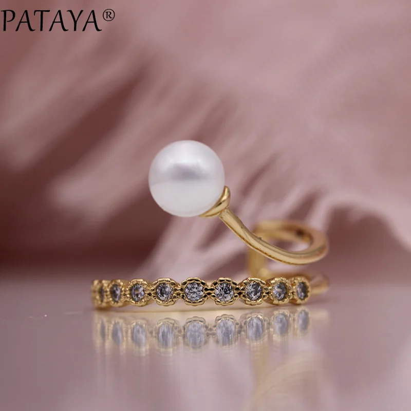 PATAYA, новинка, открытые белые круглые жемчужины, женские двойные кольца, 585 розовое золото, натуральный циркон, хорошее свадебное украшение для вечеринки