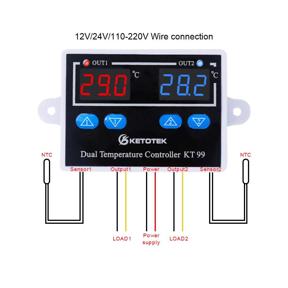 KT99 двойной цифровой термостат, регулятор температуры нагрева и охлаждения 12 В 24 в 110-220 В 10 А, прямой выход для инкубатора