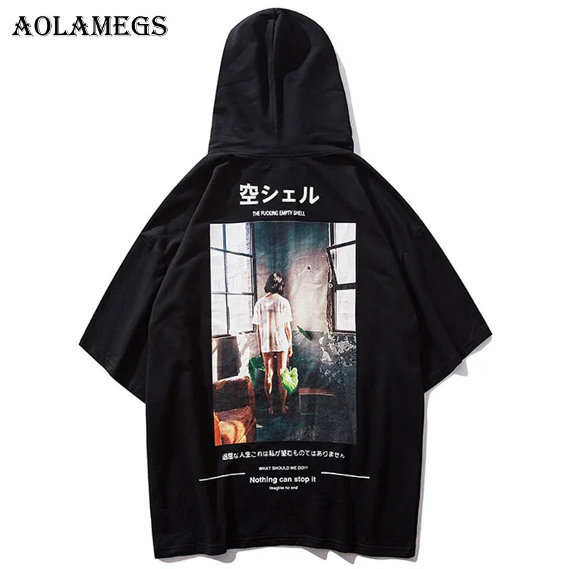 

Aolamegs T Shirt Men Japanese Hooded Printed Men's Tee Shirts Short Sleeve T Shirt Fashion High Street Tees Hip H Streetwear
