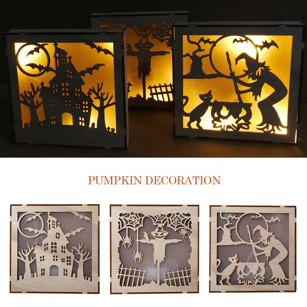 

Halloween Decorations Wooden Square Pumpkin Witch Laser Hollow LED Light Ornaments Pendant for Home Decoration Halloween Props