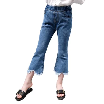 

Big Girls Summer Denim Trumpet Pants With Pearl Beads Fashion Toddler Girls Denim Jeans Pants Trousers High Quality Girl Jeans