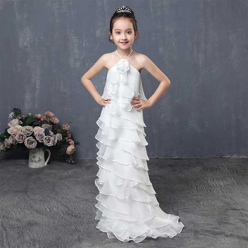 

1-12 Years Summer Girl's Dress White Solid Halter Princess Dresses Tiered Chiffoon Flower Girl Dress Kids Pageant Gowns AA17