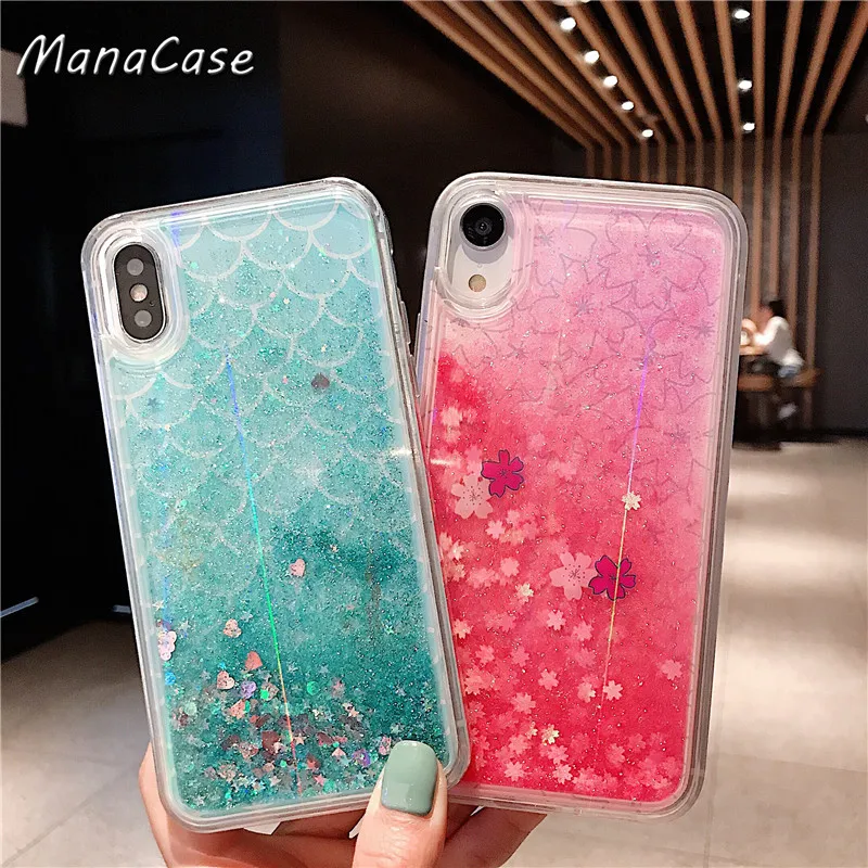 

Cute Fashion Fish Scale Aurora Liquid Star Quicksand Phone Case For iPhone X XS MAX XR 6 6s 7 8 Plus For TPU Back Cover Cases