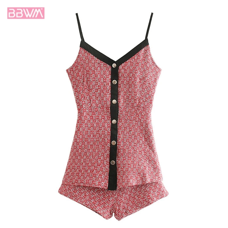 

2019 new small fragrance sweet temperament V-neck slim knit strap sexy Women's jumpsuit breasted sleeveless female jumpsuit