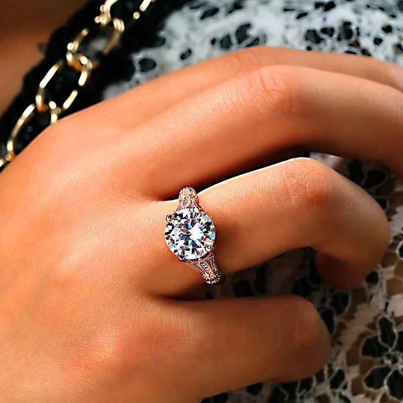 Роскошный женский пасьянс, круглое кольцо, кристалл, серебро, розовое золото, циркон, камень, кольцо, обещают любовь, Свадебные обручальные кольца для женщин