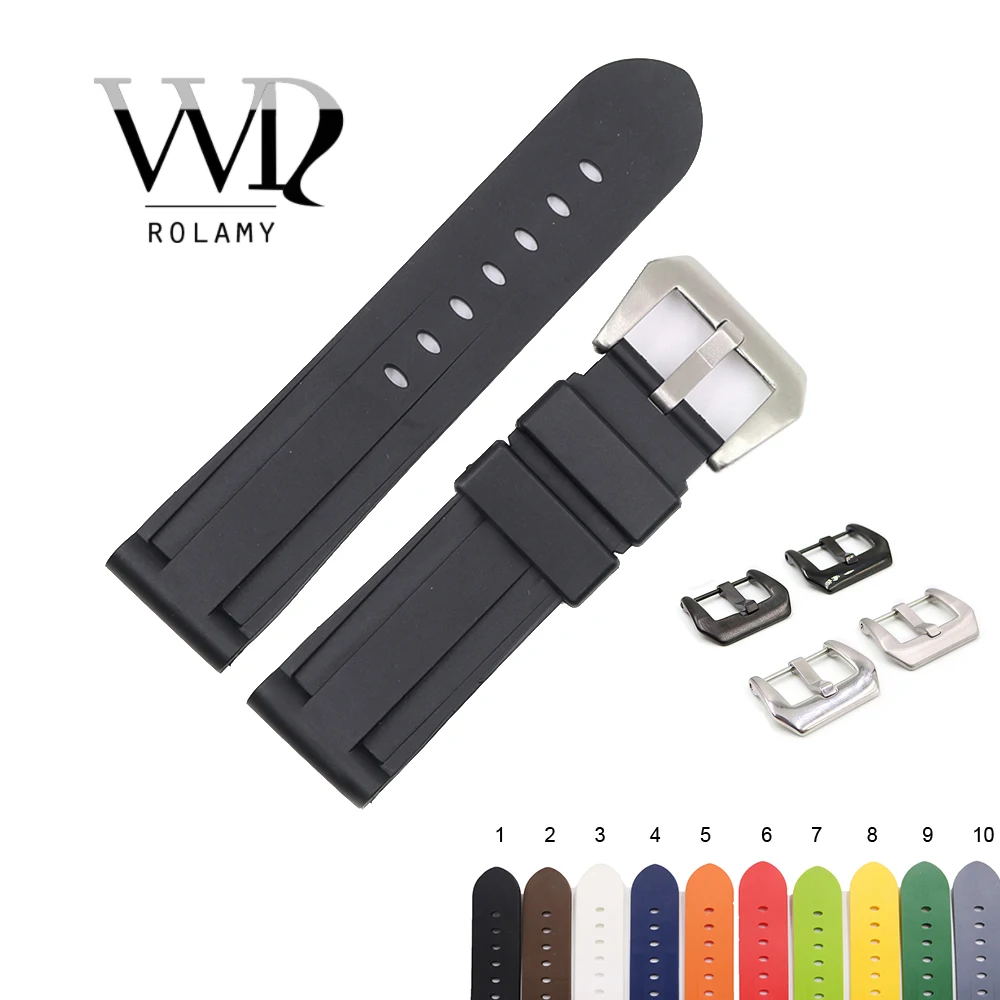 

Rolamy 22 24mm Black White Brown High Quality Waterproof Silicone Rubber Replacement Watch Band Loop Strap For Panerai Luminor
