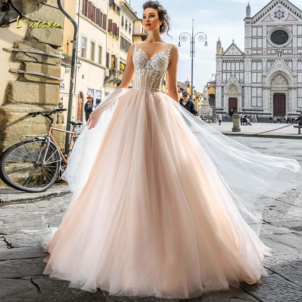 Loverxu Elegant Scoop A Line Wedding Dress Illusion Appliques Cap