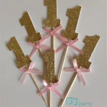 20 шт. Золотые сверкающие топперы для кексов с розовым бантом на 1 день рождения, свадебные зубочистки, вечерние украшения для малышей