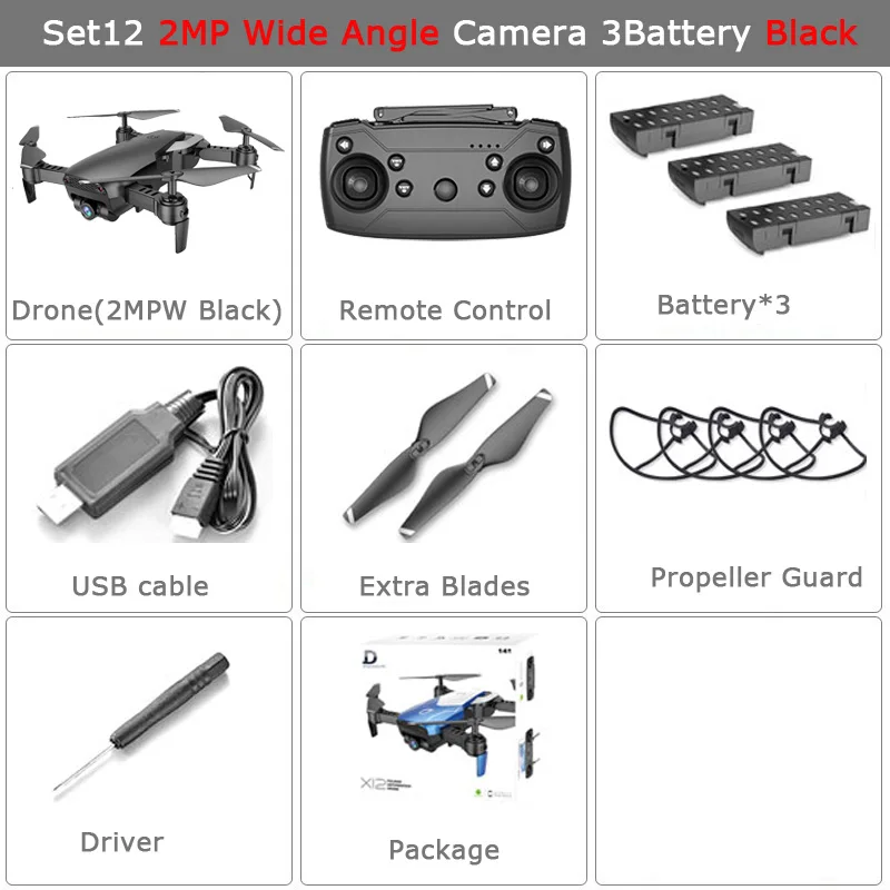 X12 Радиоуправляемый Дрон с 0.3MP/2MP широкоугольной камерой Wi-Fi FPV Радиоуправляемый Дрон один ключ возврат высоты RC Квадрокоптер VS XS809S XS809HW - Цвет: Set12 2MPW 3B Black