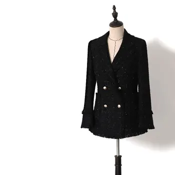

New WT0084 black shining show thin suit lapel the spring and autumn period tweed female small sweet wind coat
